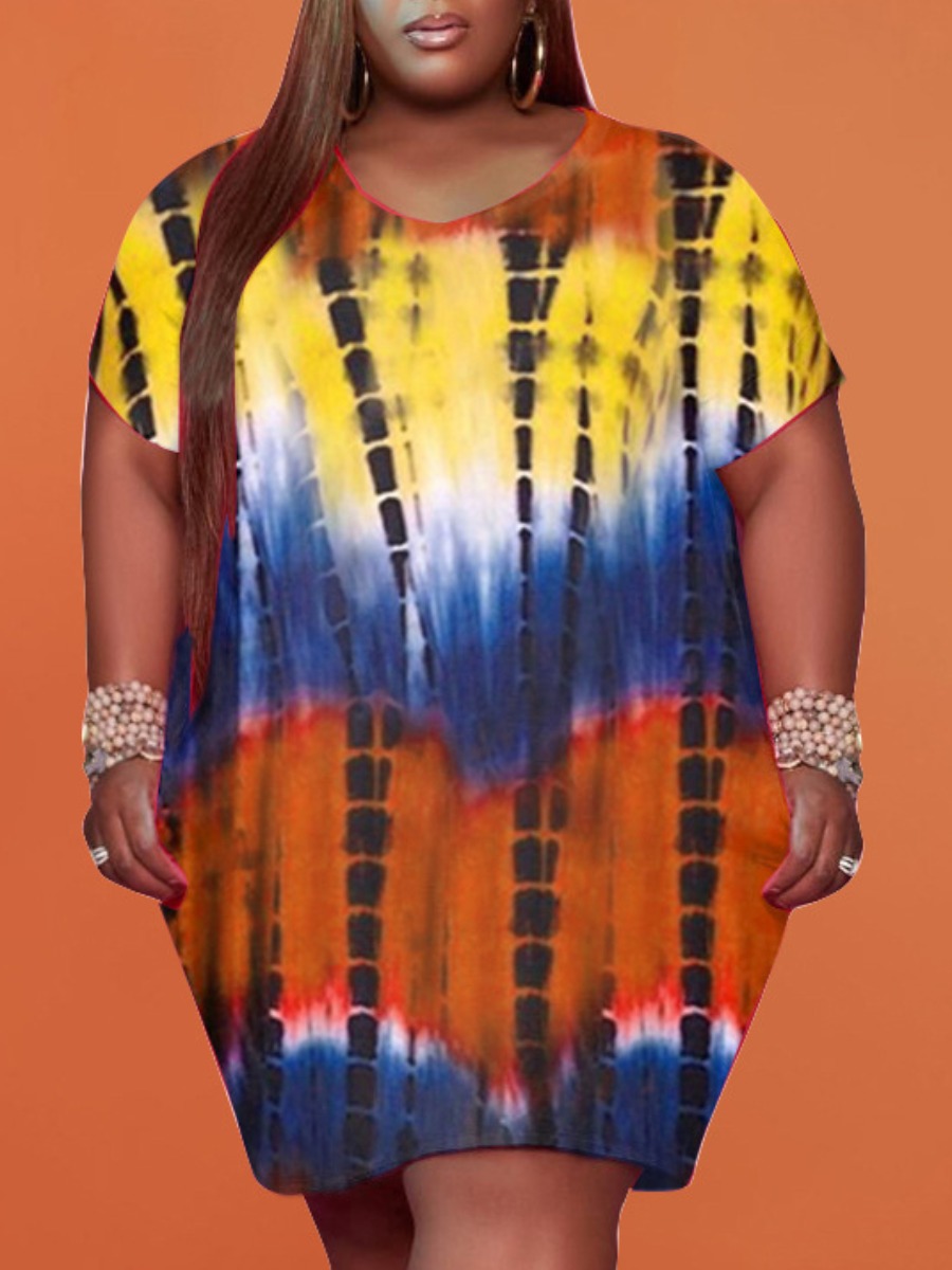 

LW Plus Size Casual O Neck Tie-dye Yellow Knee Length Dress