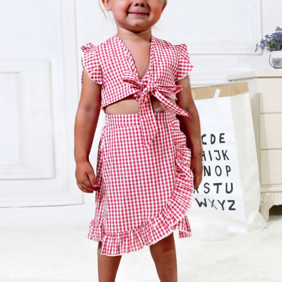 

Lovely Girl Casual Plaid Print Flounce Design Red Two Piece Skirt Set