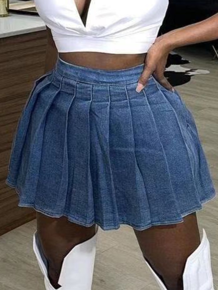 

Lovely Sweet Pleated Deep Blue Mini A Line Denim Skirt