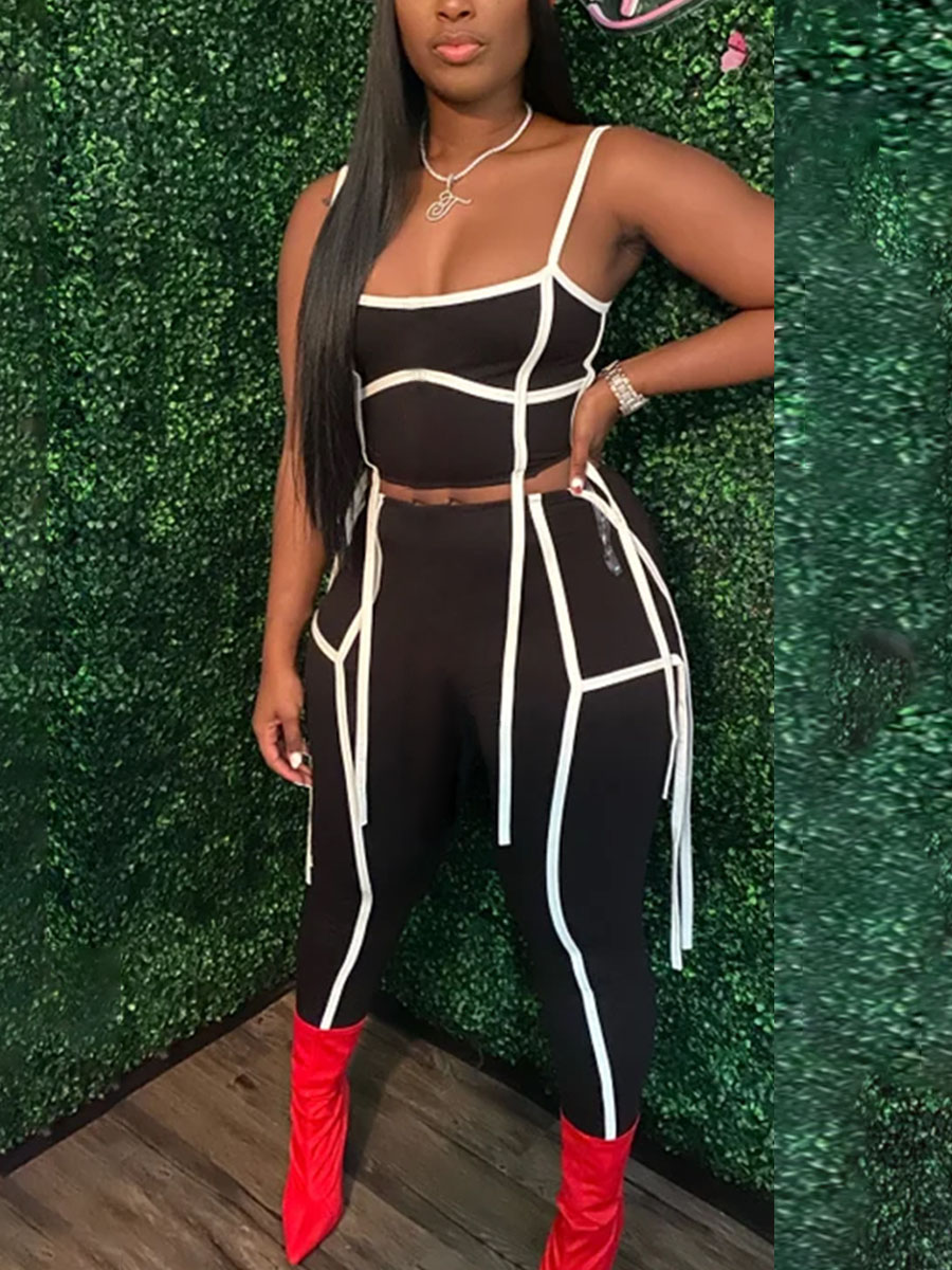 

LW Sporty Striped Tassel Design Black Two Piece Pants Set