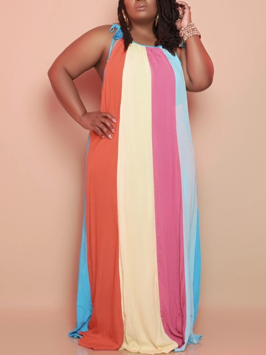

Lovely Boho Striped Patchwork Multicolor Trailing Dress, Multi