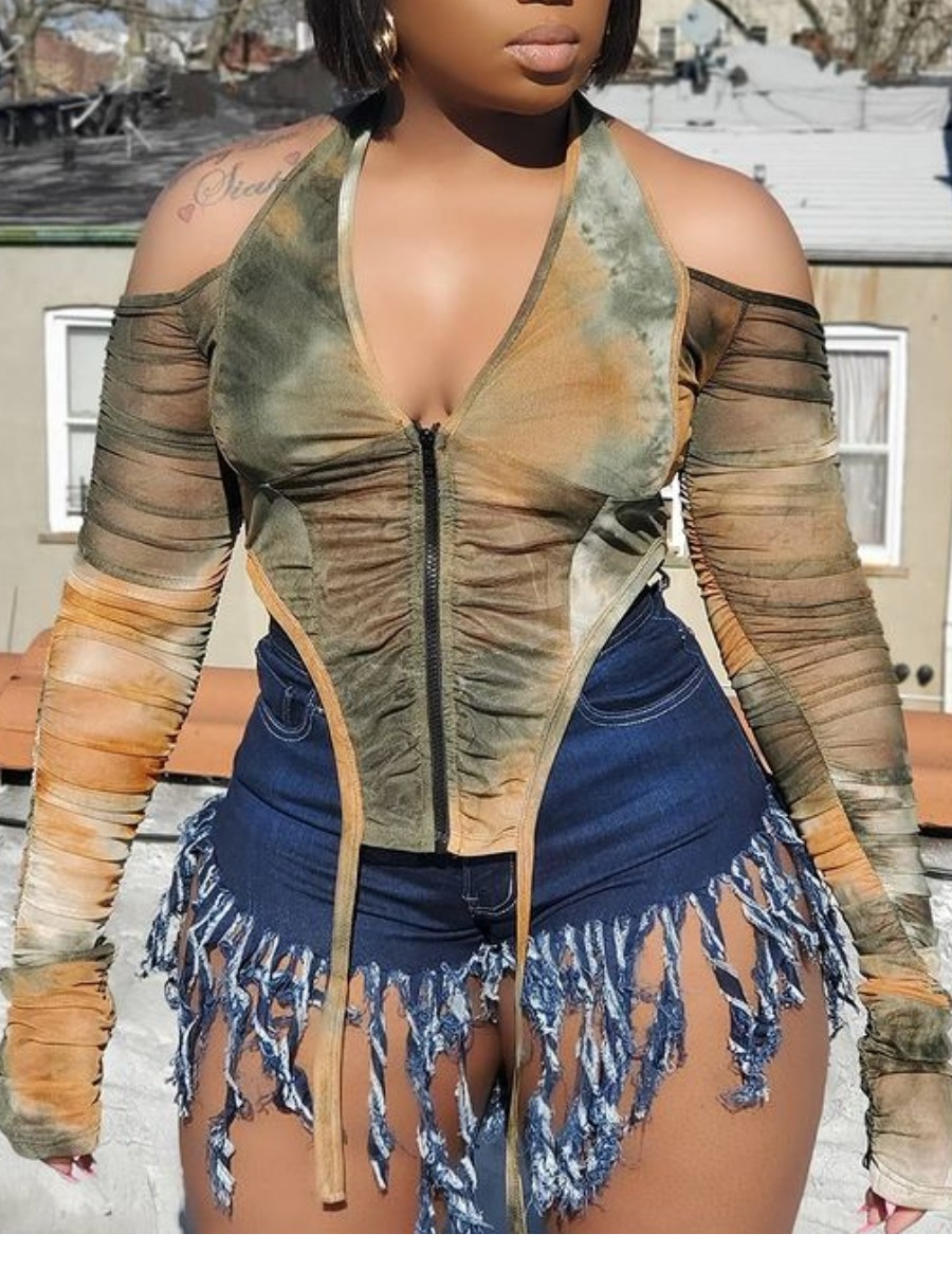 

Lovely Plus Size Street Tie-dye Fold Design Brown Blouse