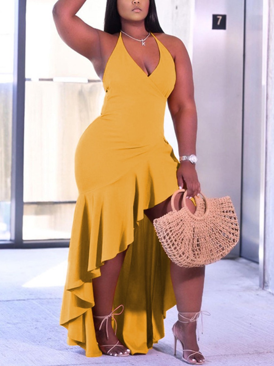

Lovely Plus Size Romantic V Neck Flounce Design Yellow Floor Length Dress
