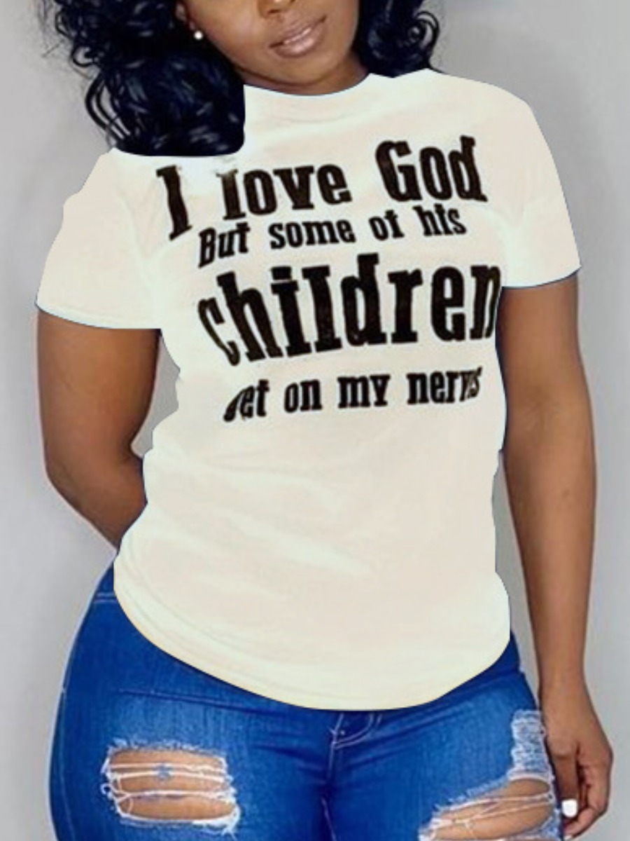

Lovely Plus Size Street O Neck Letter Print White T-shirt