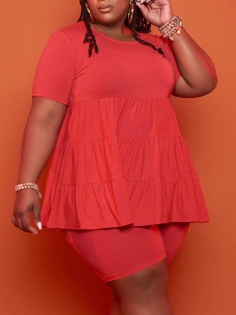 

Lovely Plus Size Casual O Neck Ruffle Design Red Two-piece Shorts Set