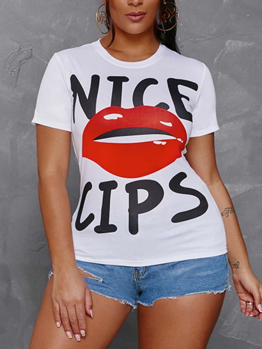 

Lovely Casual Lip Letter Print White T-shirt