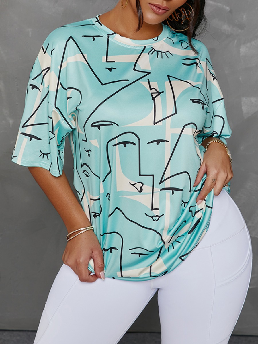 

Lovely Casual Dropped Shoulder Geometric Print Blue T-shirt
