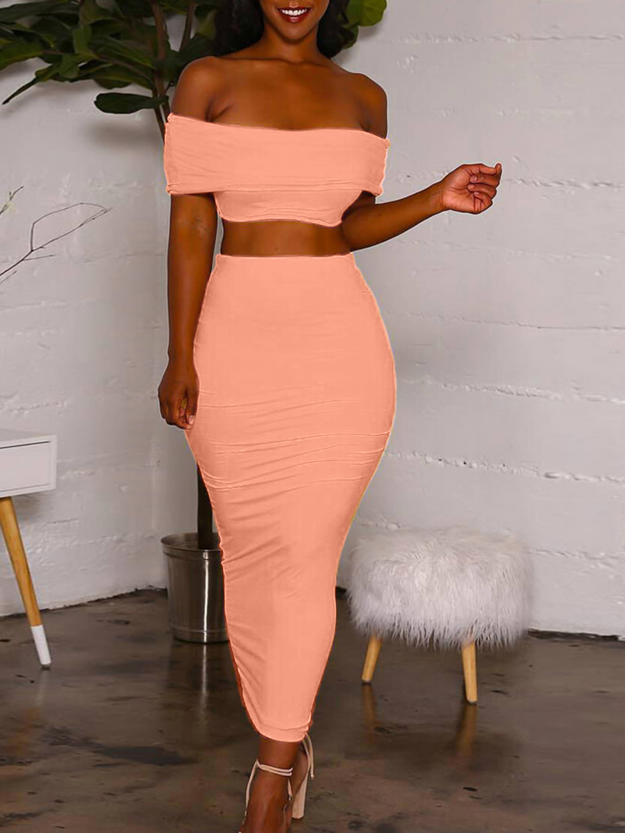 

LW Casual Off The Shoulder High-waisted Pink Two Piece Skirt Set