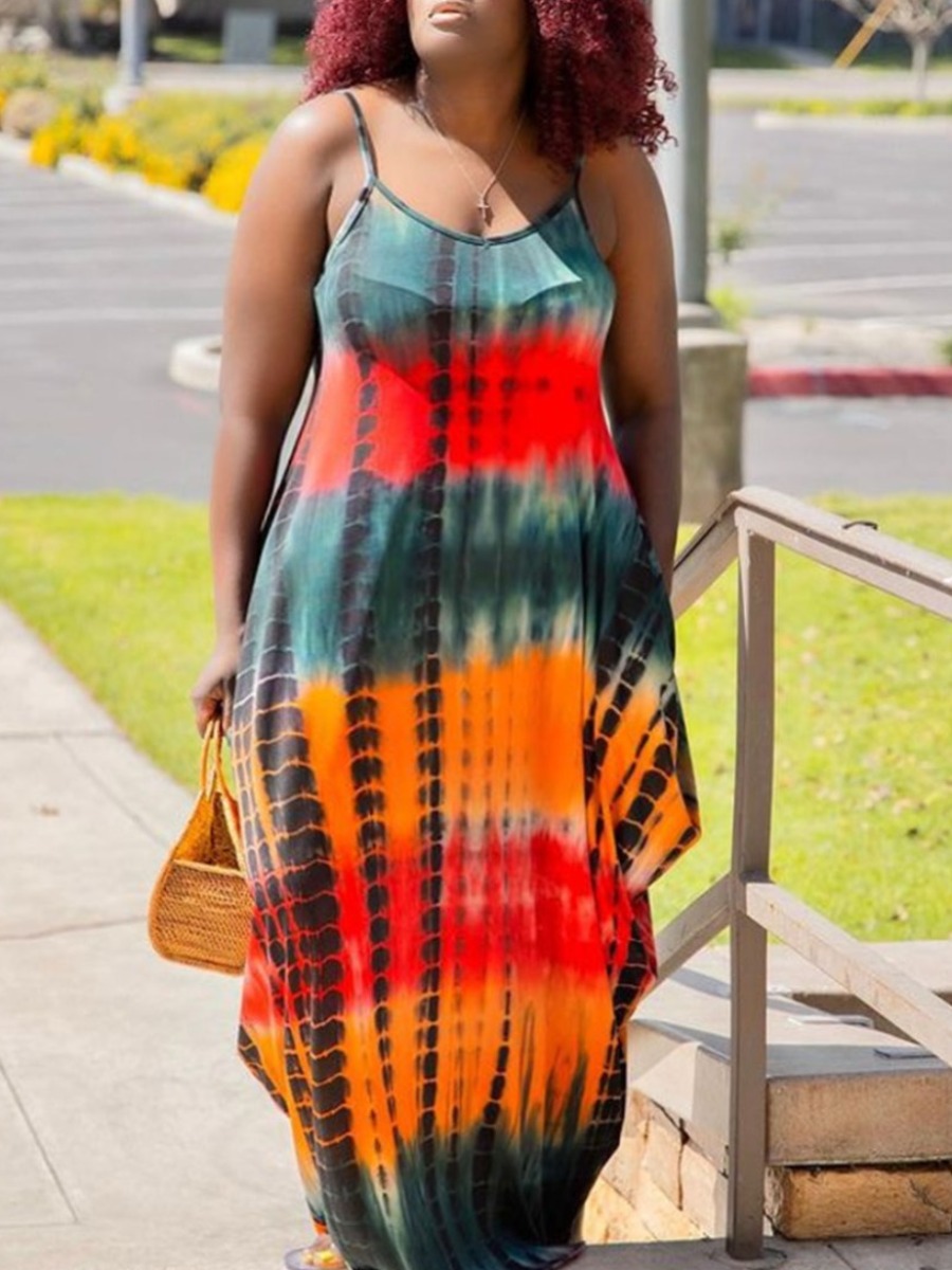 

Lovely Boho V Neck Tie-dye Black Green Floor Length Dress