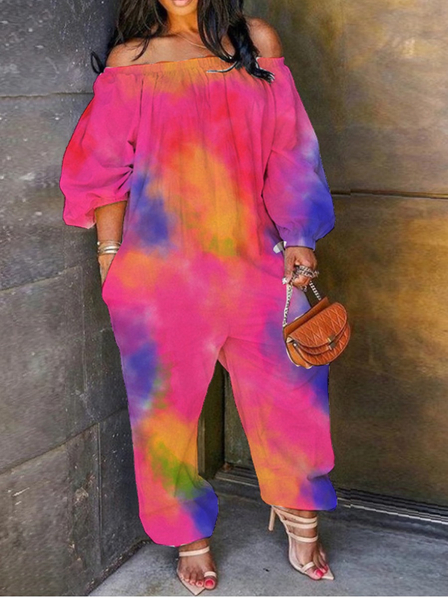 

Lovely Plus Size Street Off The Shoulder Tie-dye Pink One-piece Jumpsuit
