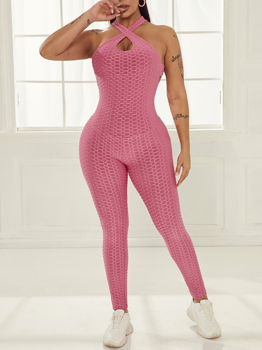 

Lovely Sporty Backless Cross Strap Pink One-piece Jumpsuit