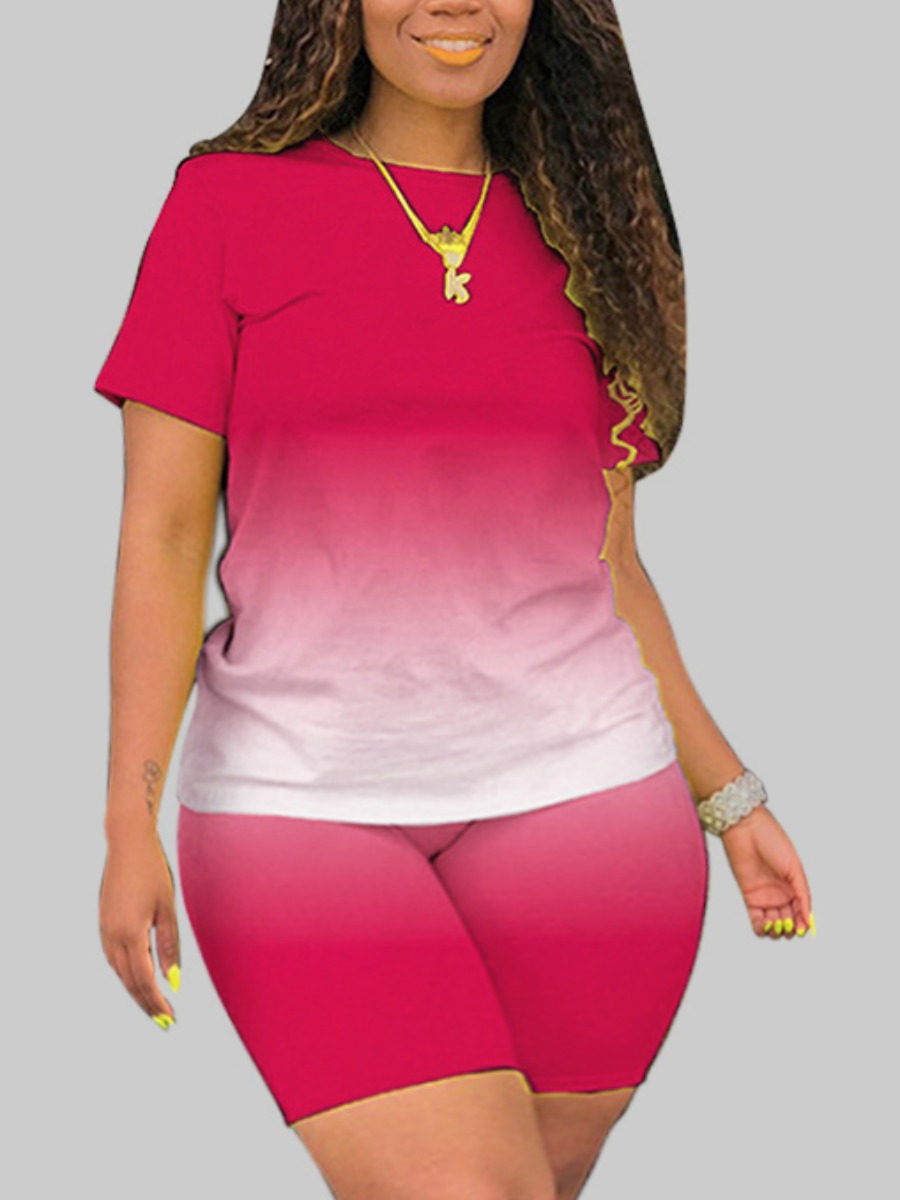 

LW Plus Size Street O Neck Gradient Rose Red Two-piece Shorts Set