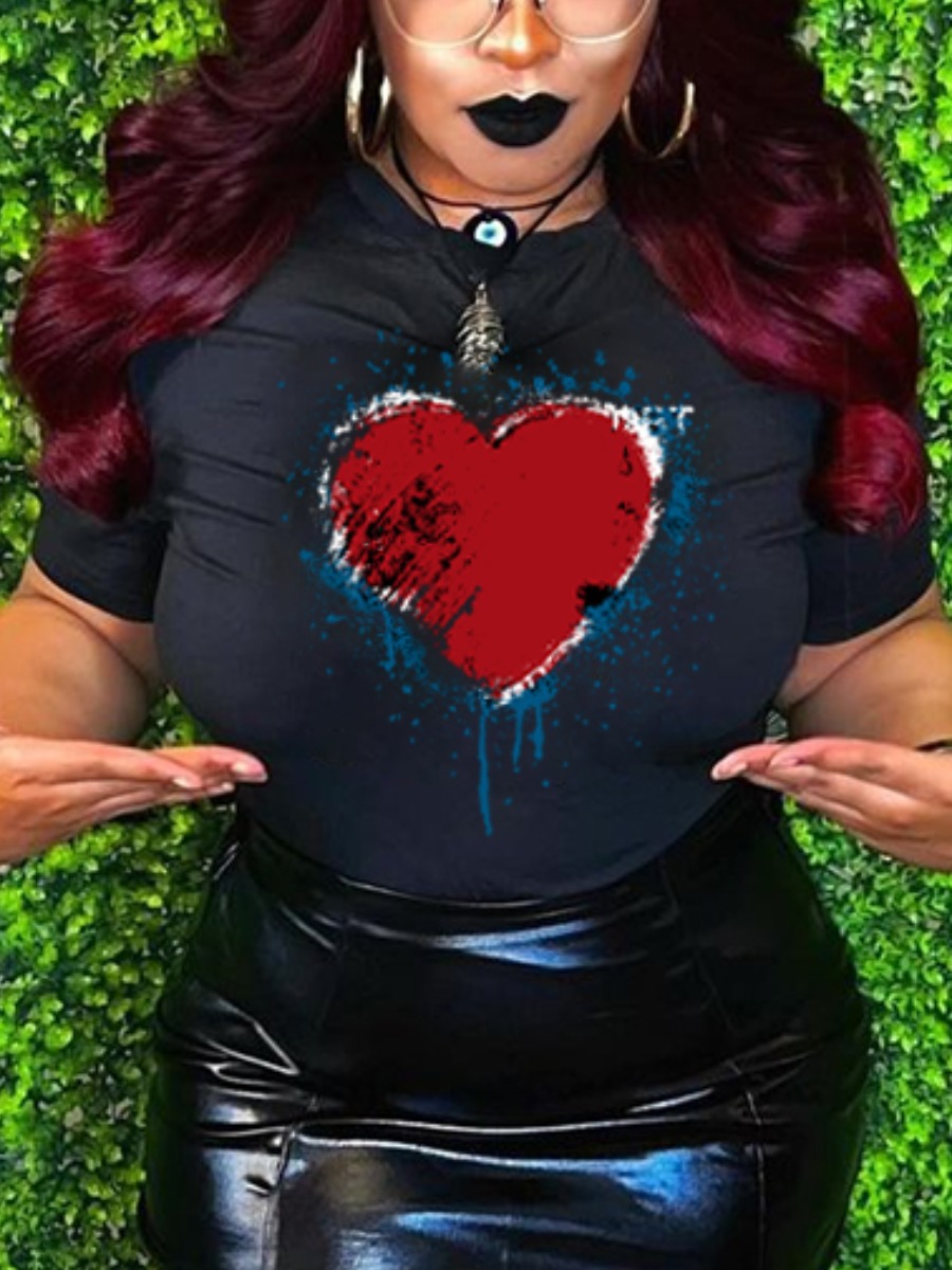 

Lovely Street O Neck Heart-shaped Print Black T-shirt