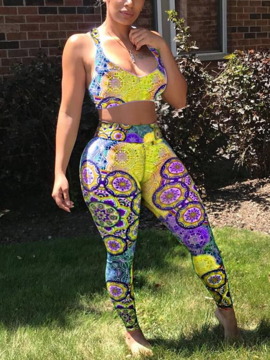 

LW Sporty Print Patchwork Yellow Two Piece Pants Set