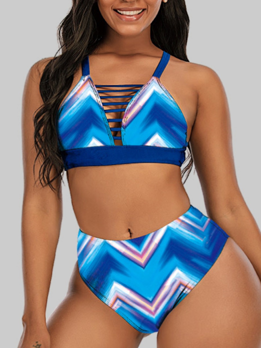 

Lovely Plus Size Boho Geometric Print Hollow-out Blue Tankini