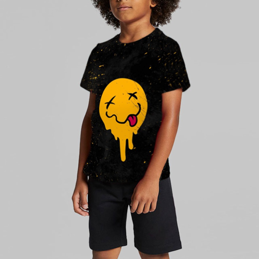 

Lovely Boy Street O Neck Smiley Face Print Black T-shirt