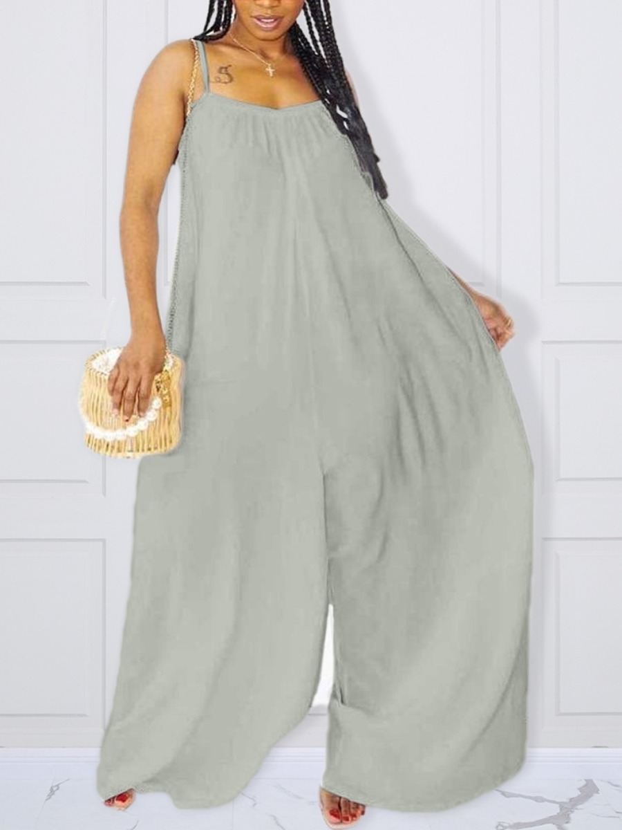 

Lovely Plus Size Casual Spaghetti Strap Loose Grey One-piece Jumpsuit