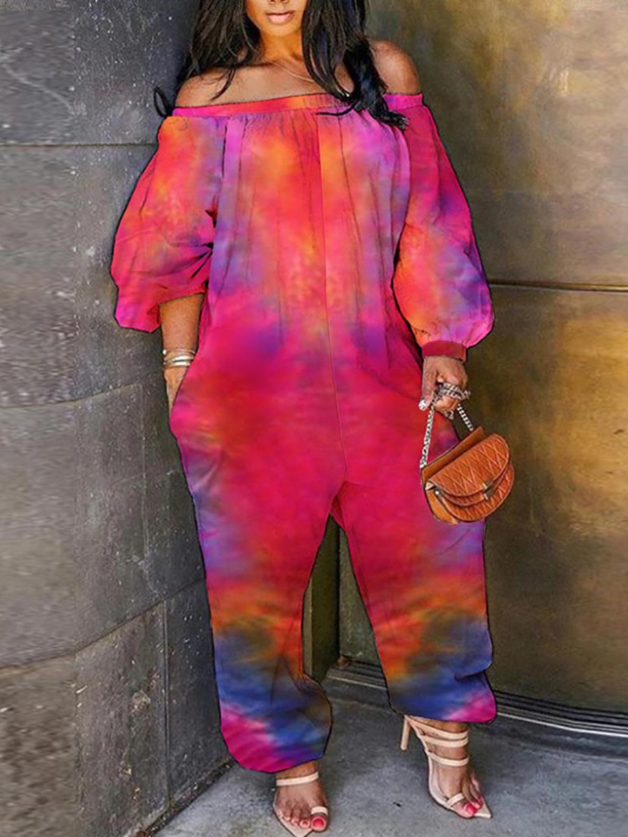 

Lovely Plus Size Street Off The Shoulder Tie-dye Rose Red One-piece Jumpsuit