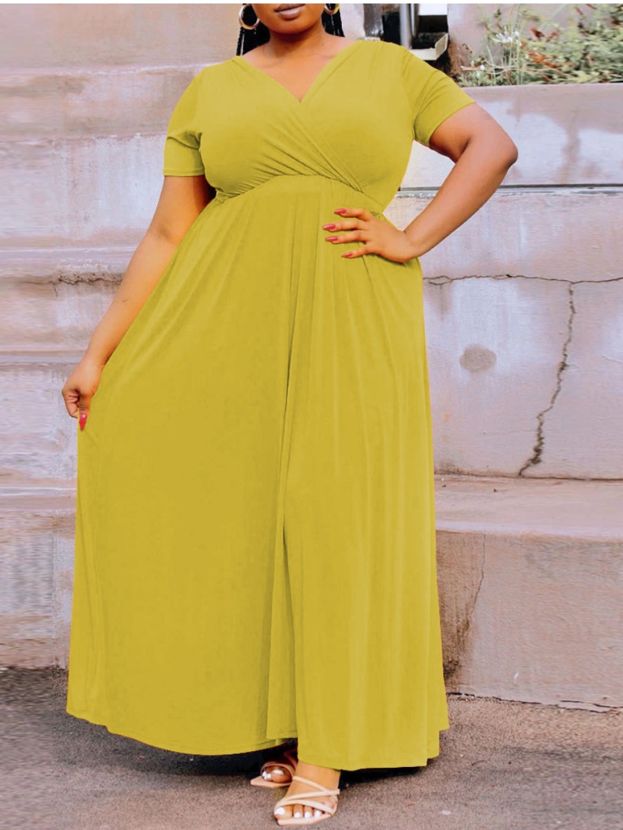 

Lovely Plus Size Casual V Neck Yellow Ankle Length A Line Dress