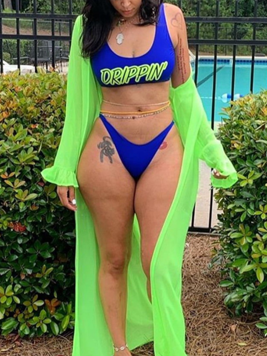 

Lovely Boho U Neck Letter Print Green Three-piece Swimsuit