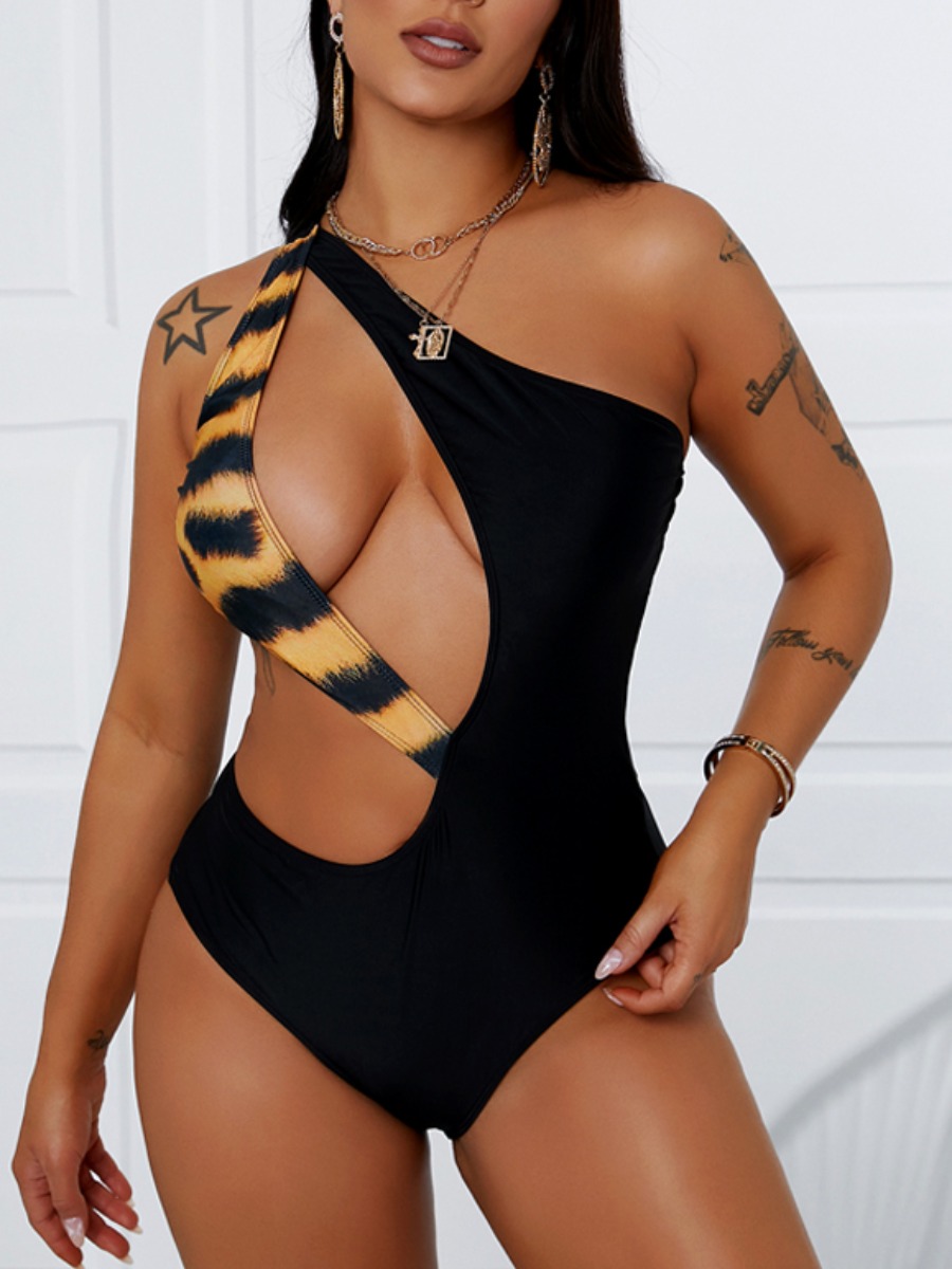 

Lovely Boho One Shoulder Print Hollow-out Black One-piece Swimsuit