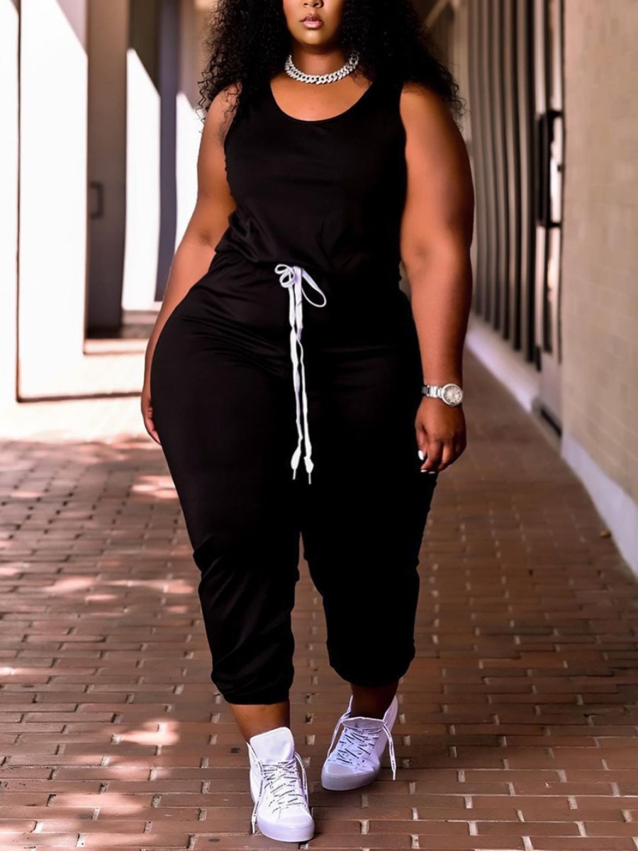 

Lovely Plus Size Casual O Neck Drawstring Black One-piece Jumpsuit