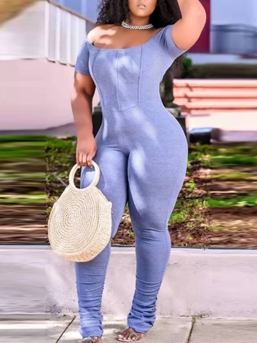

Lovely Casual Off The Shoulder Fold Design Baby Blue One-piece Jumpsuit