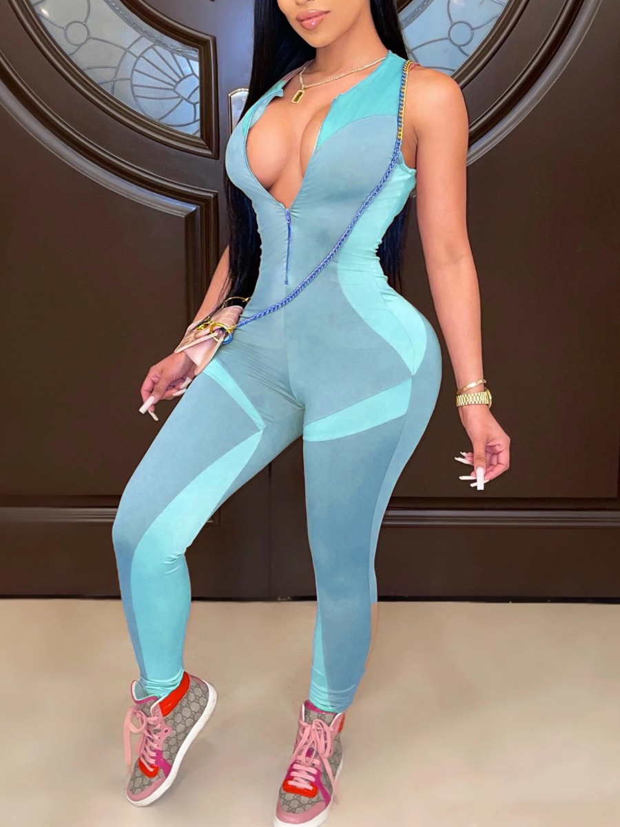 

LW Sporty Zipper Design Color-lump Patchwork Blue One-piece Jumpsuit