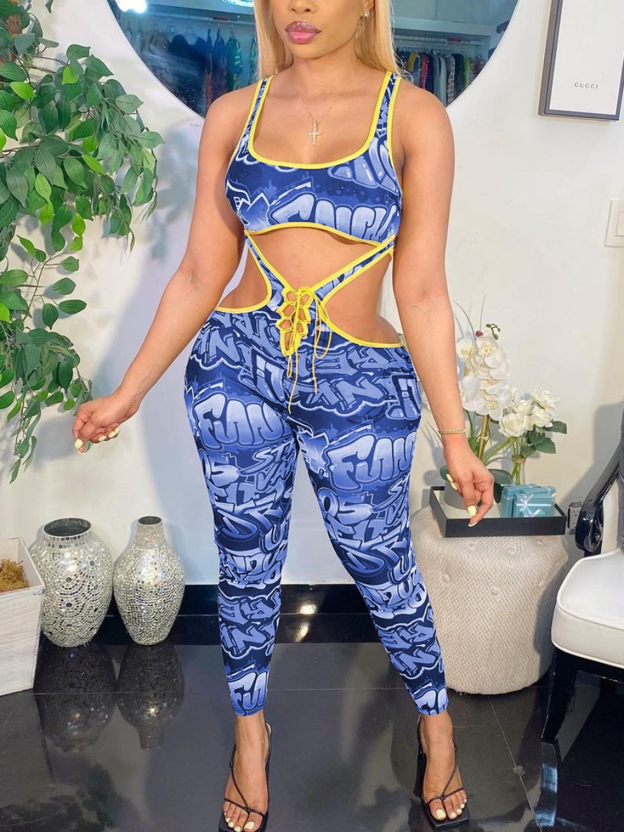 

LW Street Letter Print Hollow-out Blue One-piece Jumpsuit