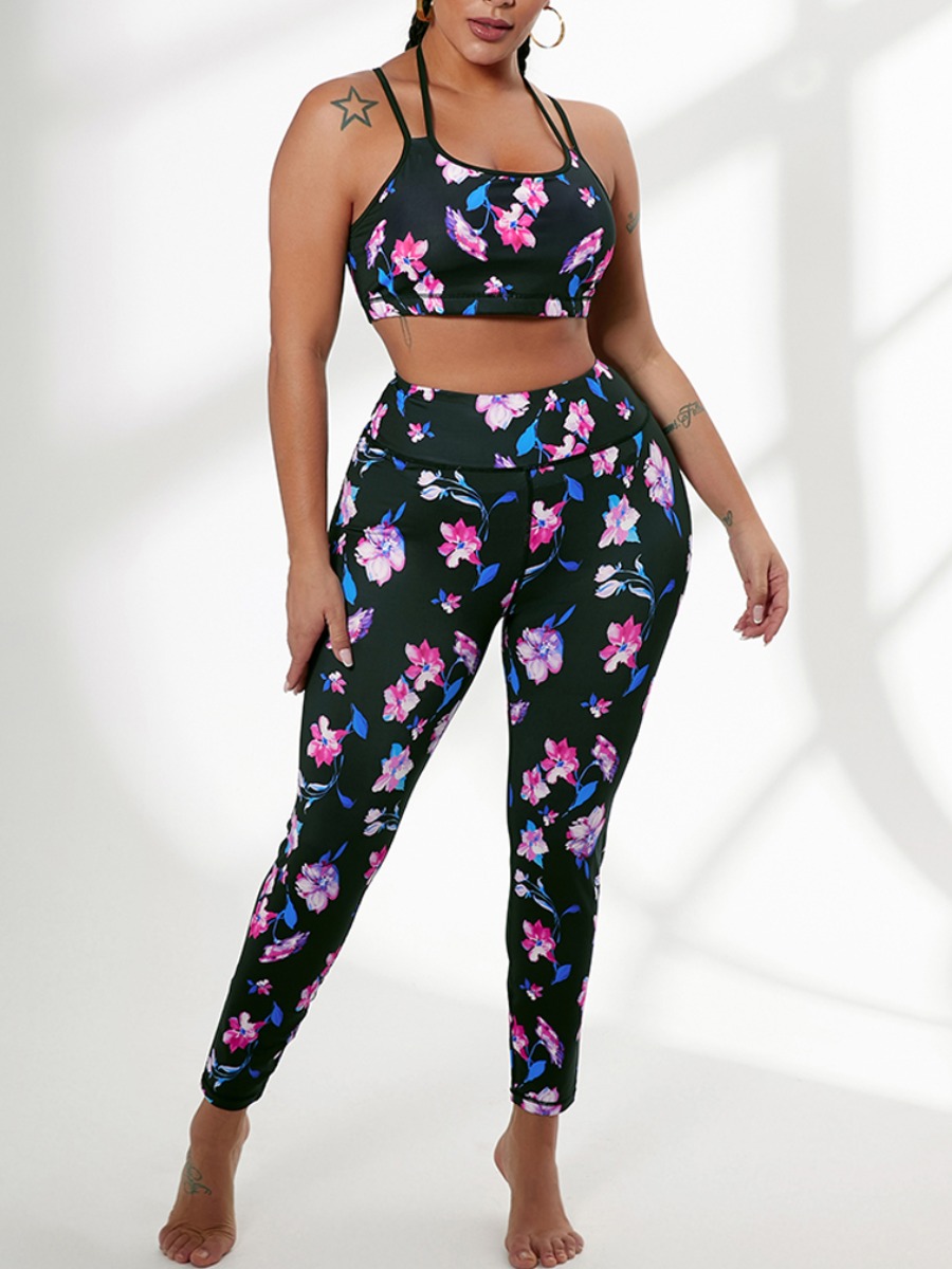

Lovely Sporty Cross Strap Floral Print Black Yoga Two Piece Pants Set