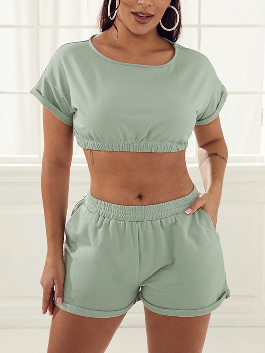 

Lovely SportyO Neck Crop Top Green Two Piece Shorts Set