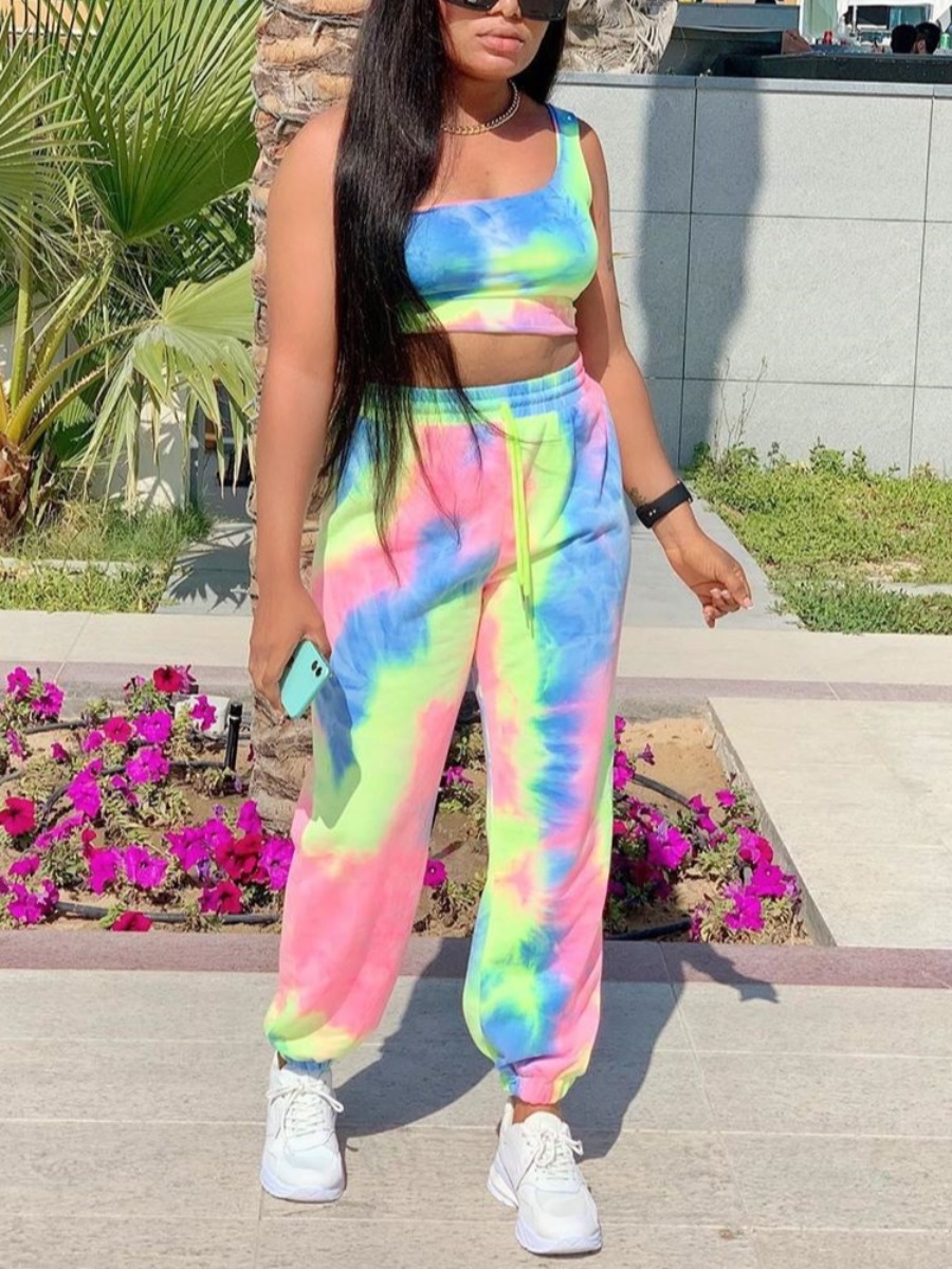 

Lovely Street One Shoulder Tie Dye Blue Two Piece Pants Set