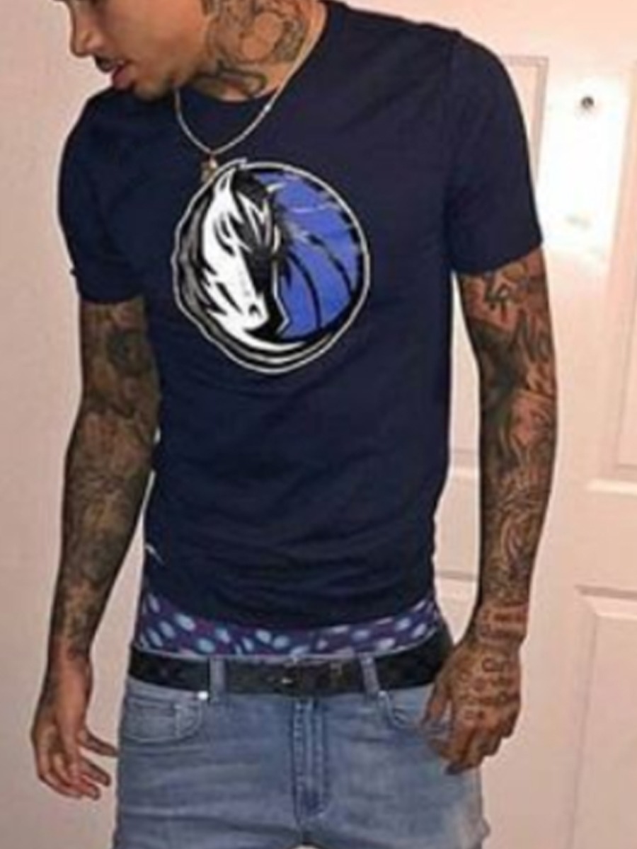

Lovely Men Casual O Neck Print Patchwork Deep Blue T-shirt