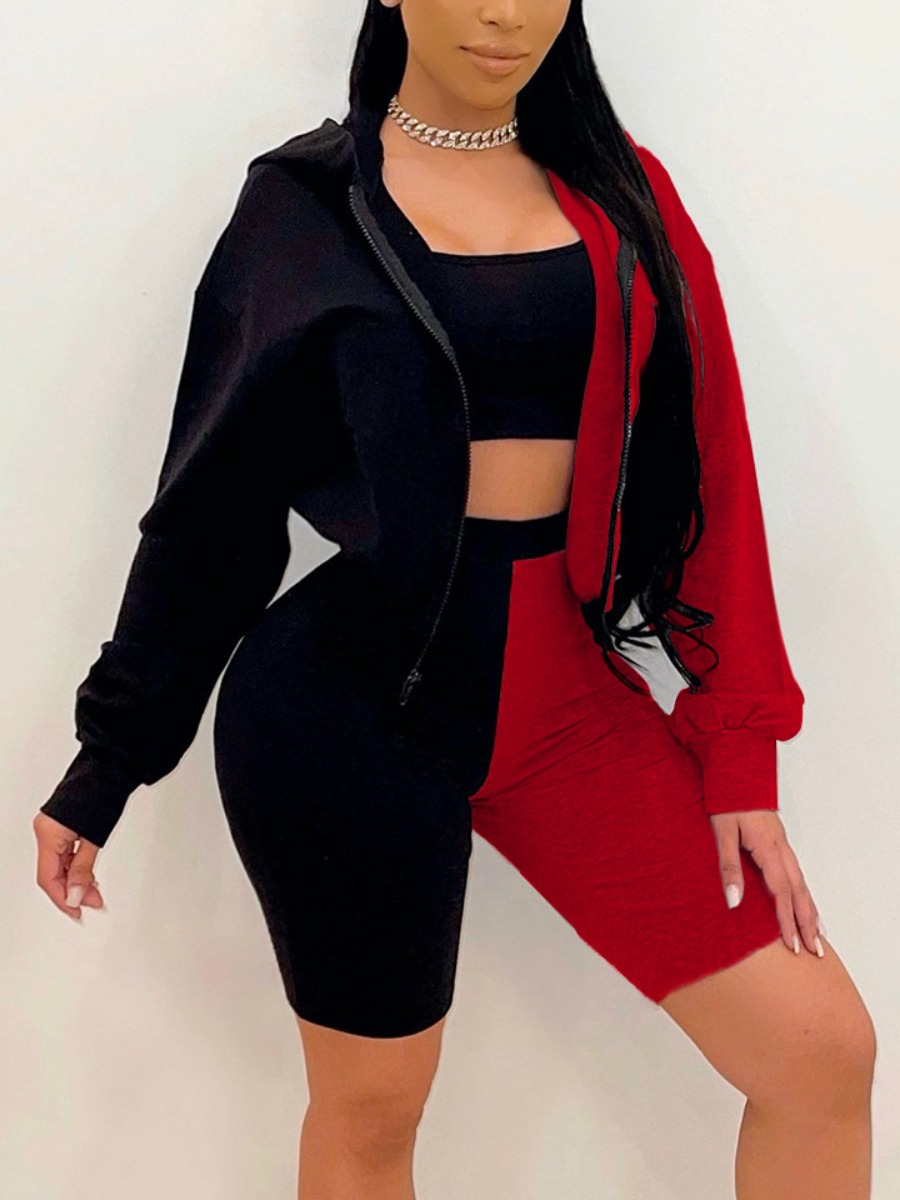 

Lovely Casual Hooded Collar Color-lump Red Three Piece Shorts Set