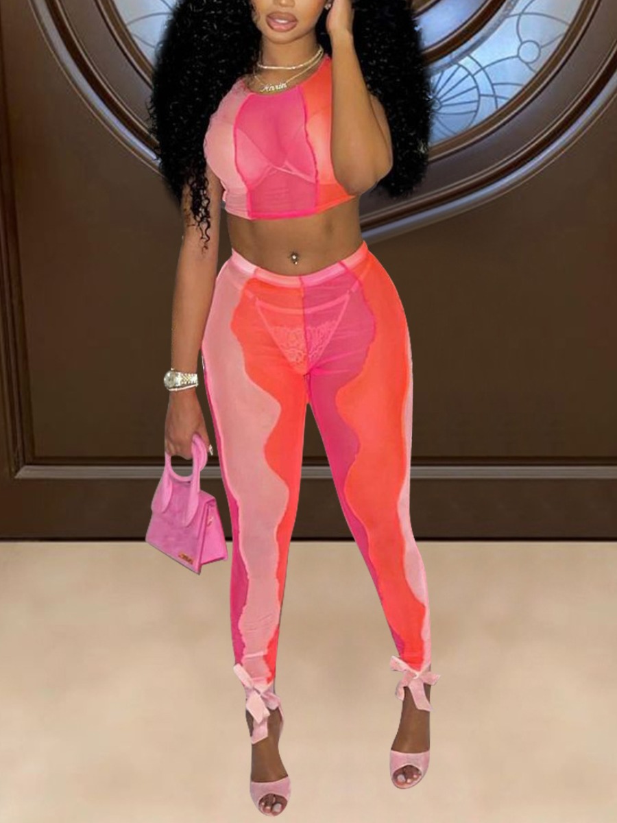 

Lovely Sexy Color-lump See-through Red Two Piece Pants Set