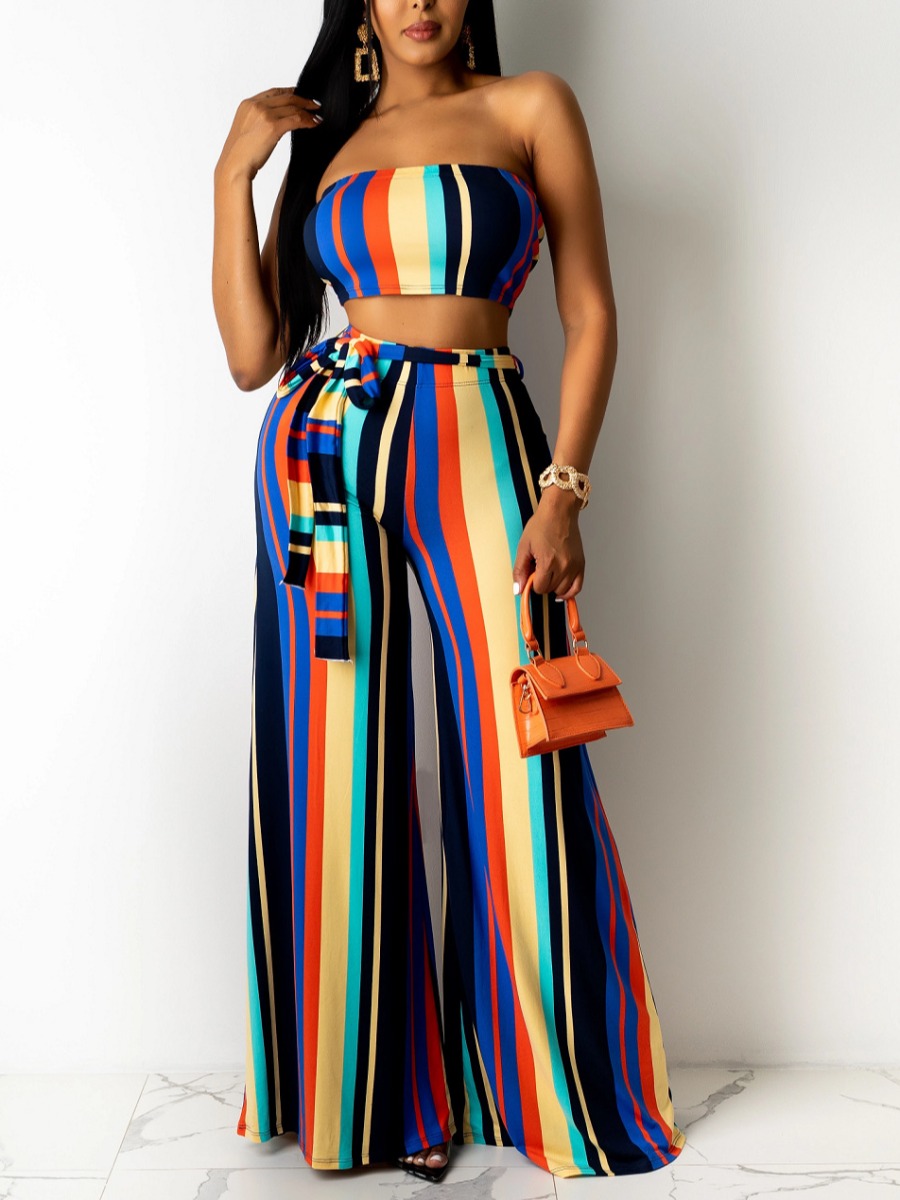 

Lovely Boho Off The Shoulder Striped Blue Two Piece Pants Set