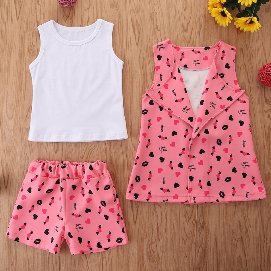 

Lovely Girl Sweet O Neck Letter Print Pink Three Piece Shorts Set