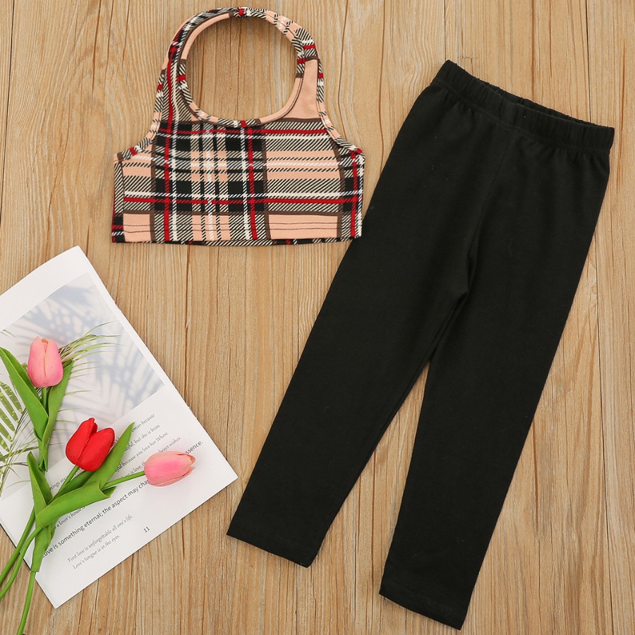 

Lovely Girl Sweet Off The Shoulder Plaid Print Khaki Two Piece Pants Set