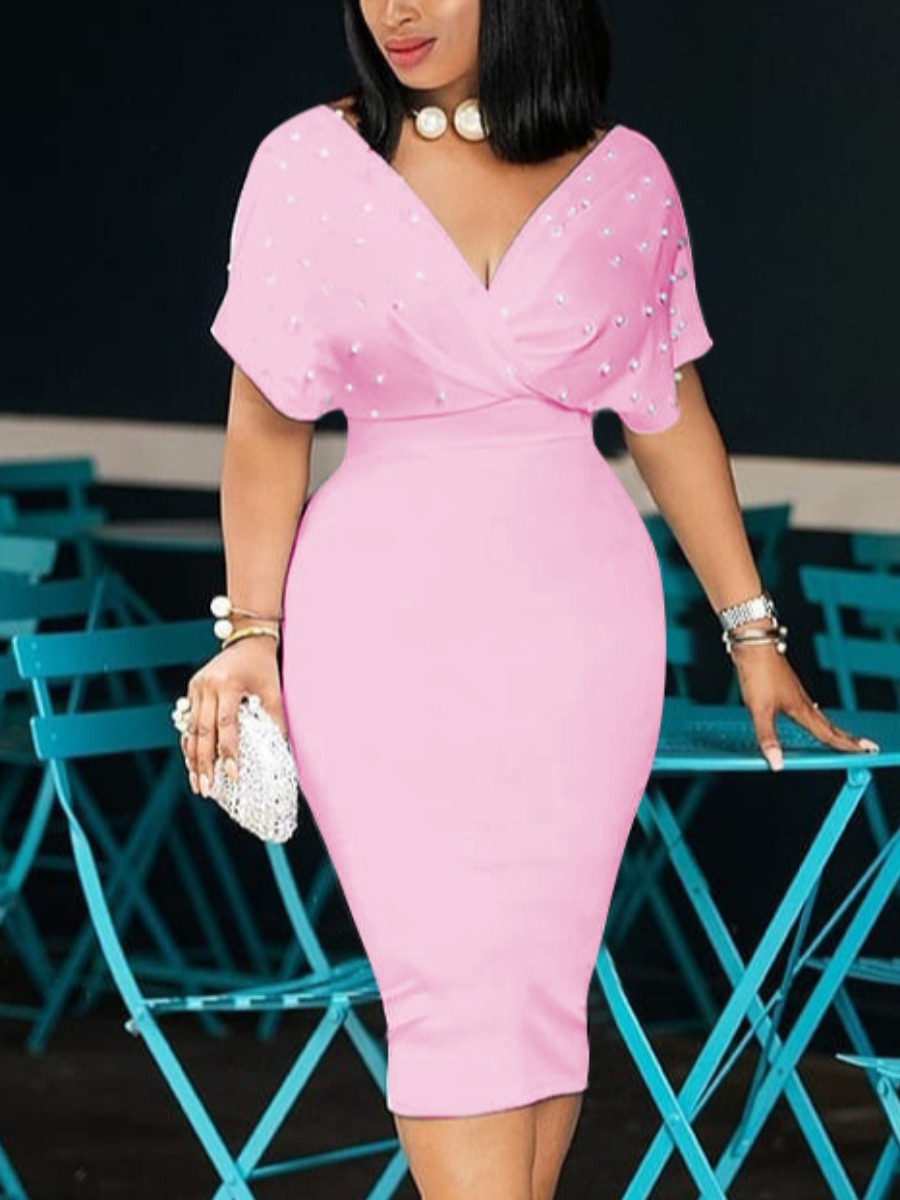 

LW V Neck Pearl Decoration Prom Dress, Pink