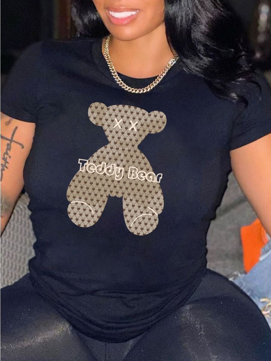

Lovely Street O Neck Cartoon Letter Print Black T-shirt
