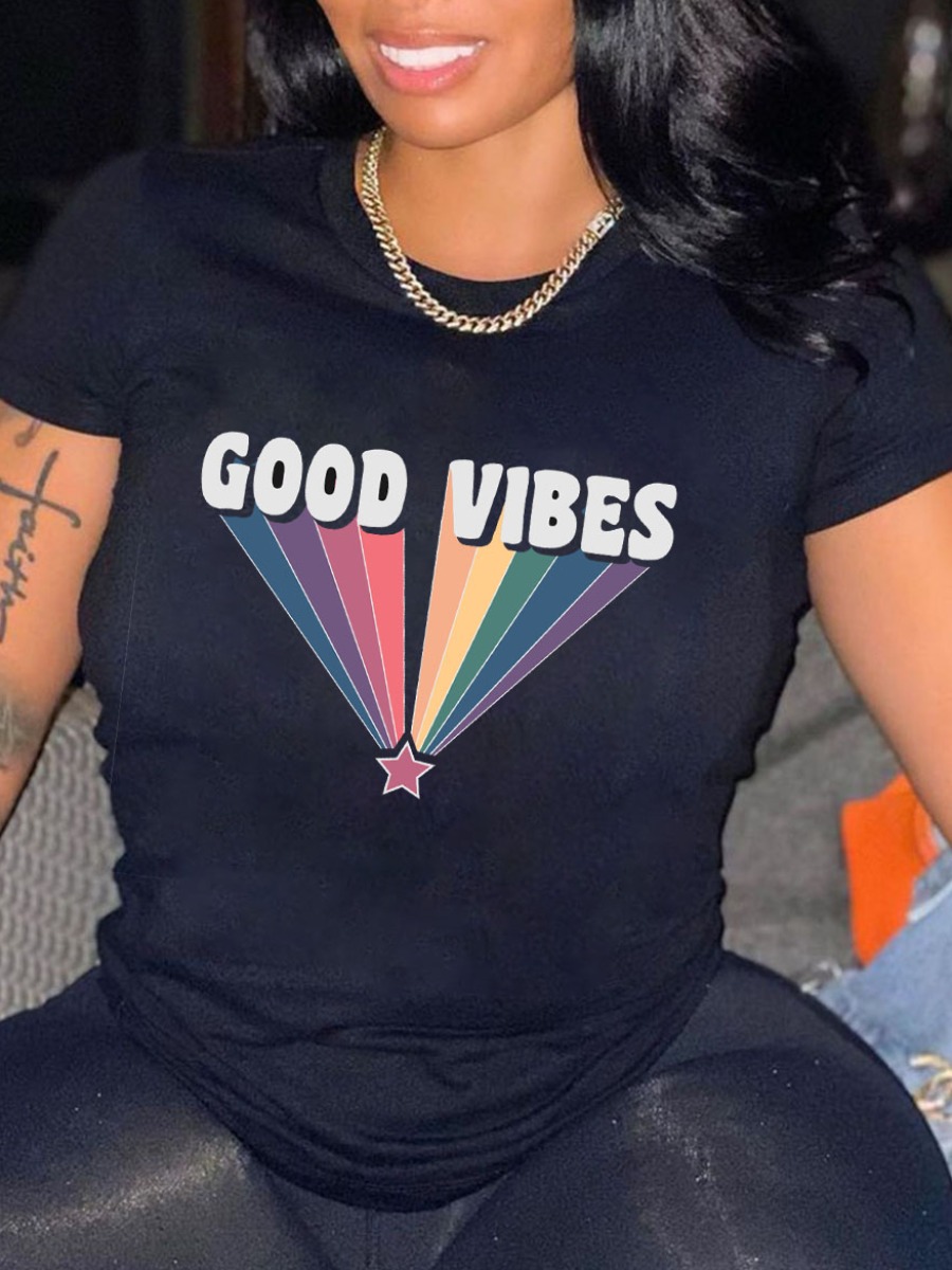 

Lovely Street O Neck Star Letter Print Black T-shirt