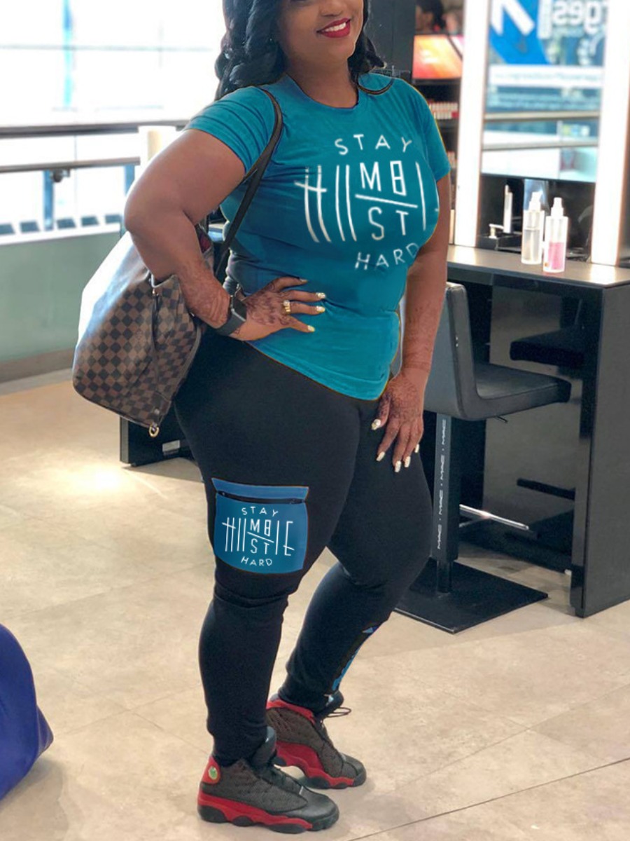 

Lovely Plus Size Casual O Neck Letter Print Blue Two-piece Pants Set