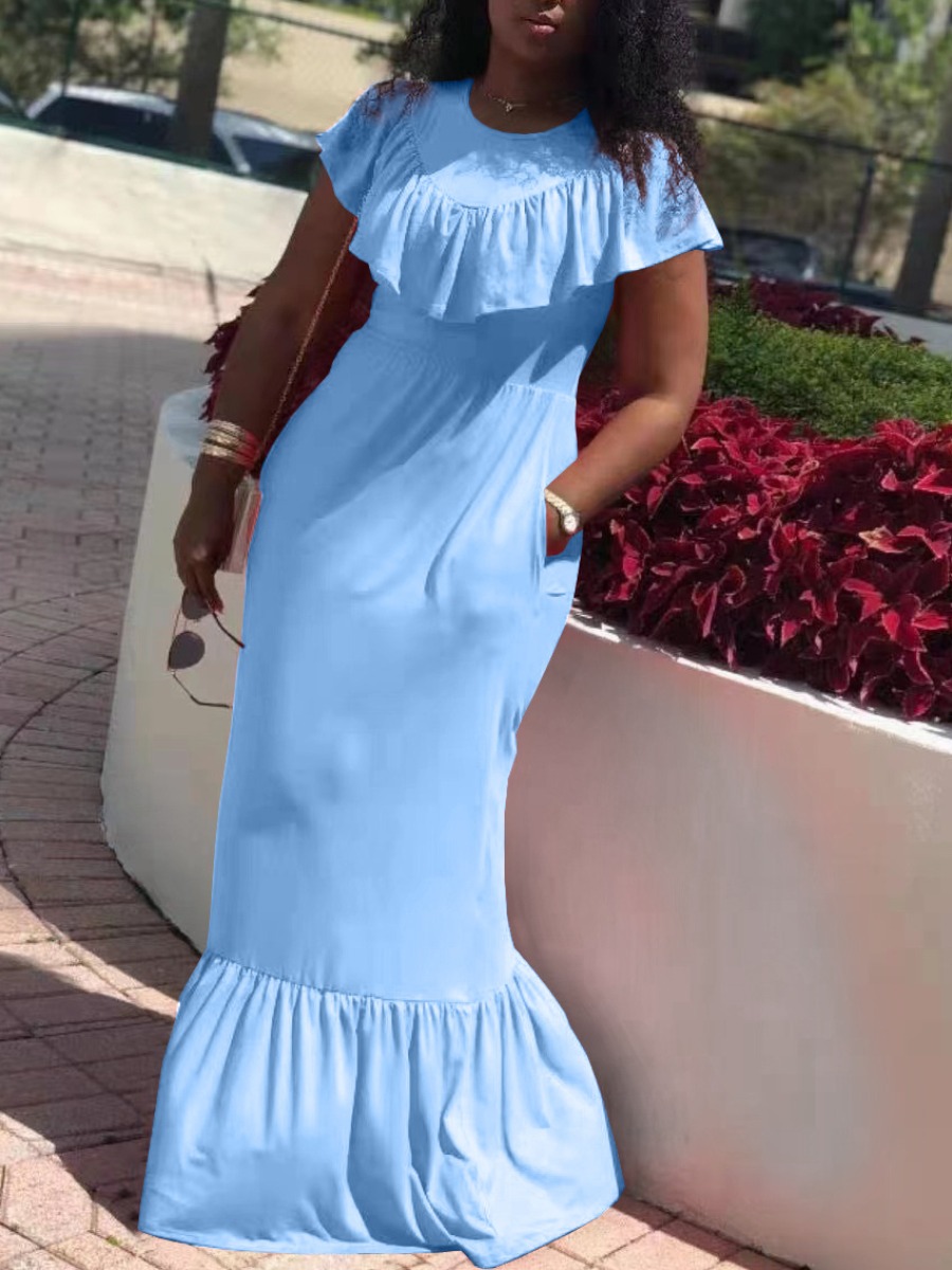 

Lovely Sweet O Neck Flounce Design Skyblue Floor Length Dress