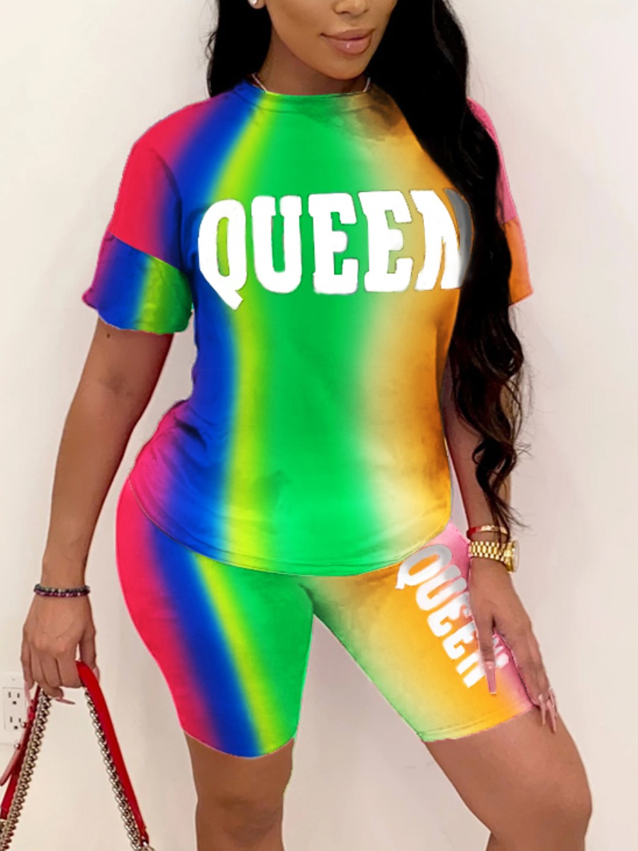 

Lovely Street Gradient Letter Print Multicolor Two Piece Shorts Set, Multi