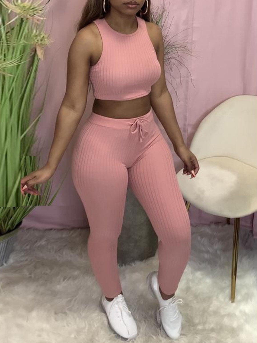 

Lovely Casual Rib-Knit Drawstring Pink Two-piece Pants Set