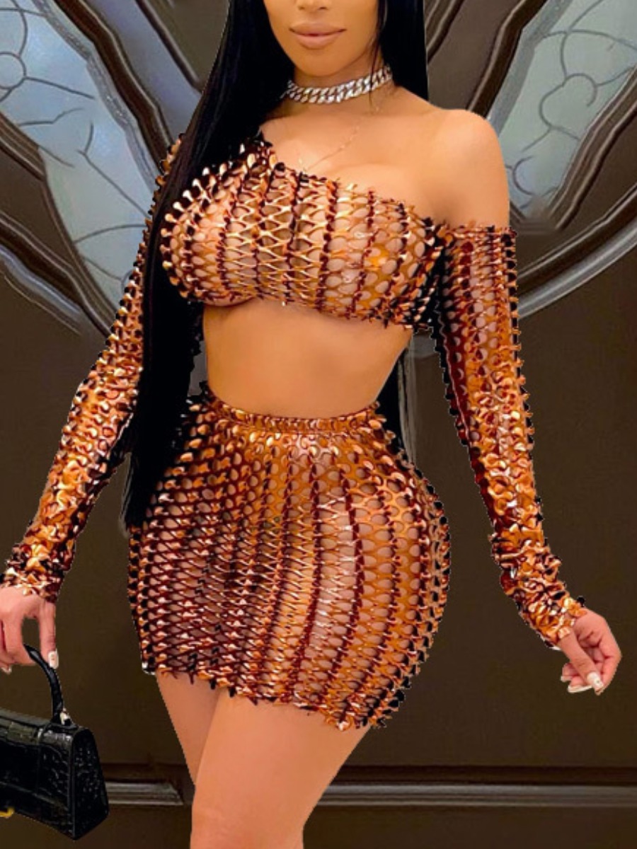 

Lovely Sexy One Shoulder Hollow-out Brown Two Piece Skirt Set
