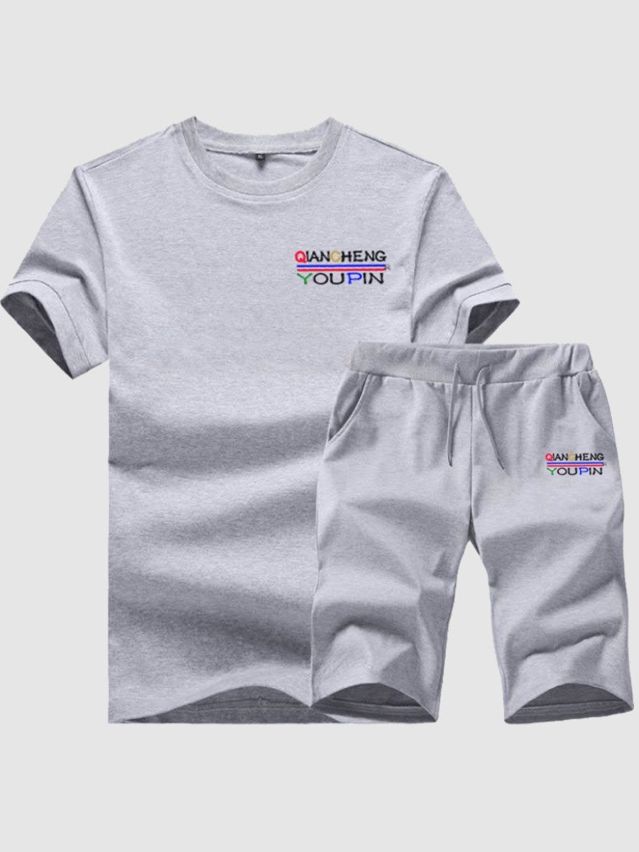 

Lovely Men Casual O Neck Letter Print Grey Two Piece Shorts Set