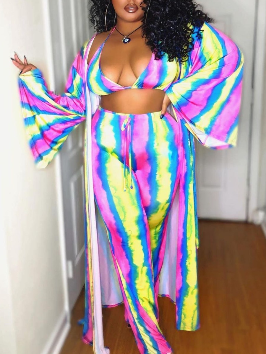 

Lovely Plus Size Boho Print Patchwork Multicolor Two-piece Pants Set, Multi