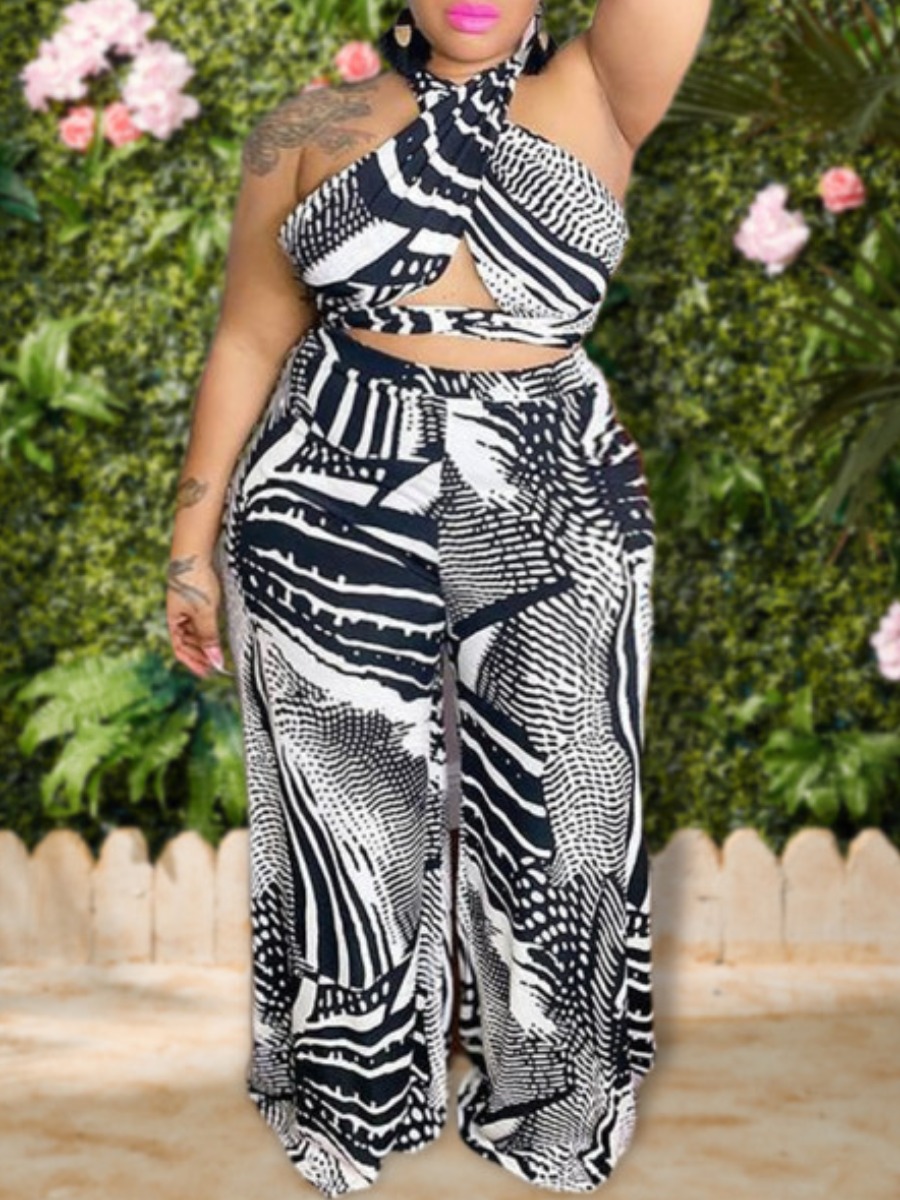 

Lovely Plus Size Casual Backless Bandage Design Black Two-piece Pants Set
