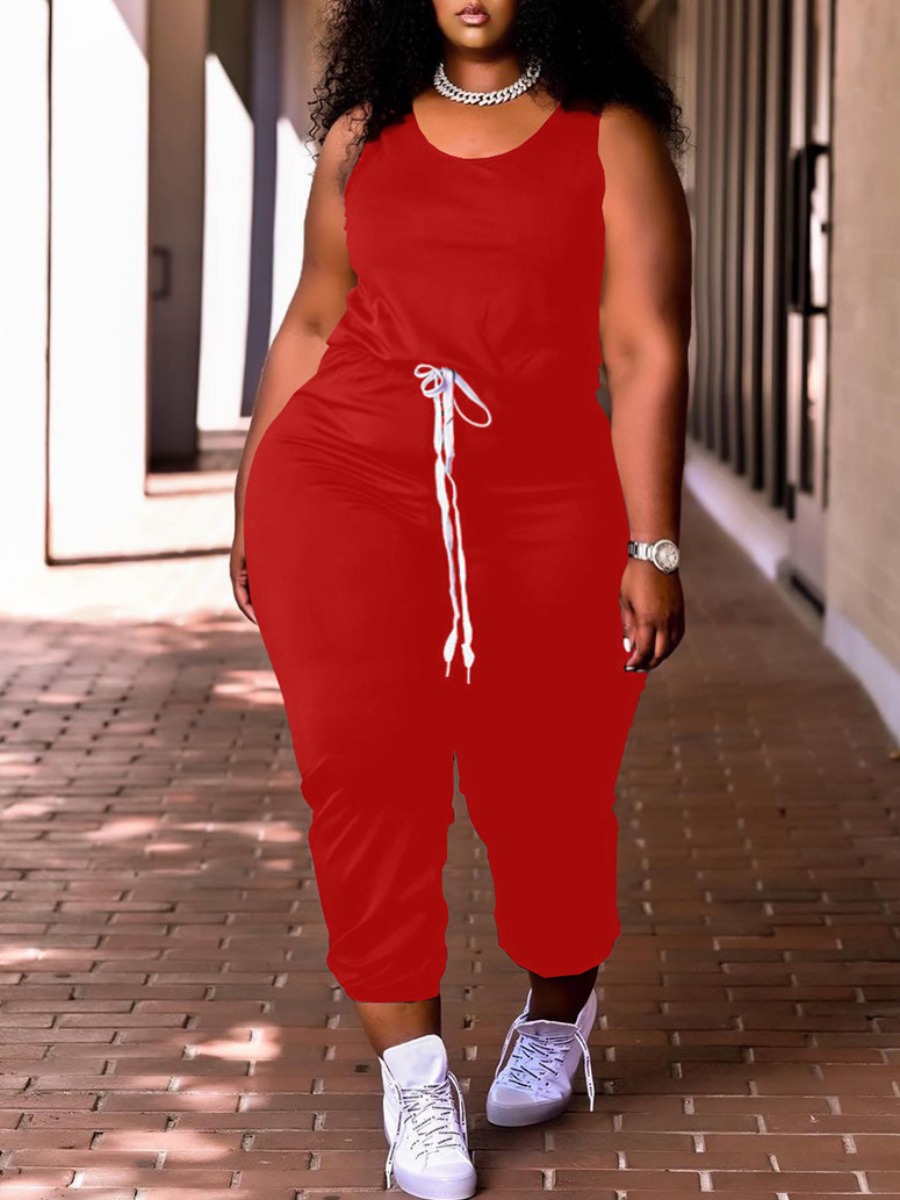 

Lovely Plus Size Casual O Neck Drawstring Red One-piece Jumpsuit